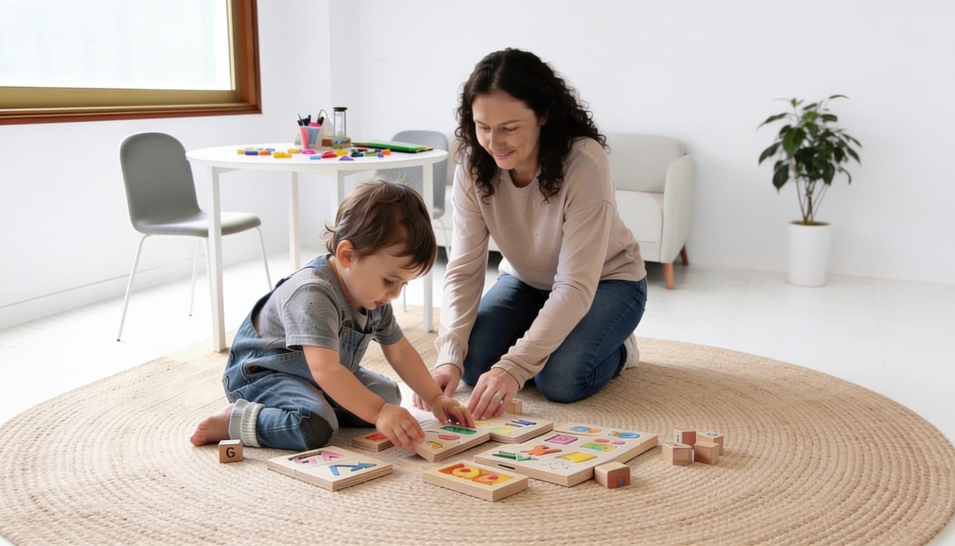 Profesional acompañando el desarrollo de un niño en atención temprana en Ponteareas