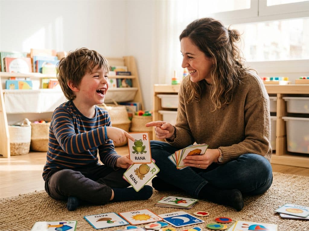 Logopeda trabajando los fonemas con un niño mediante juego en Ponteareas