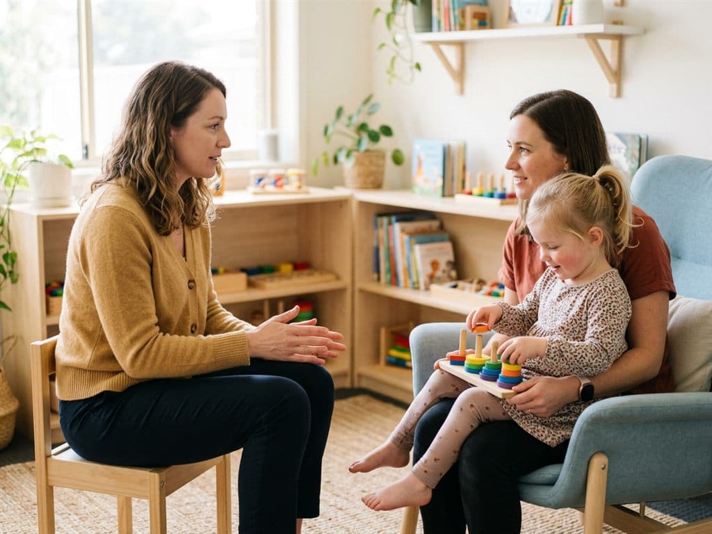 Terapeuta ocupacional resolviendo las dudas de una madre con su hija en Ponteareas
