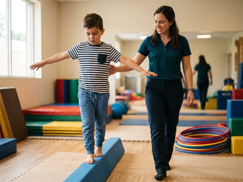 Niño trabajando el equilibrio y las habilidades motoras en terapia ocupacional en Ponteareas
