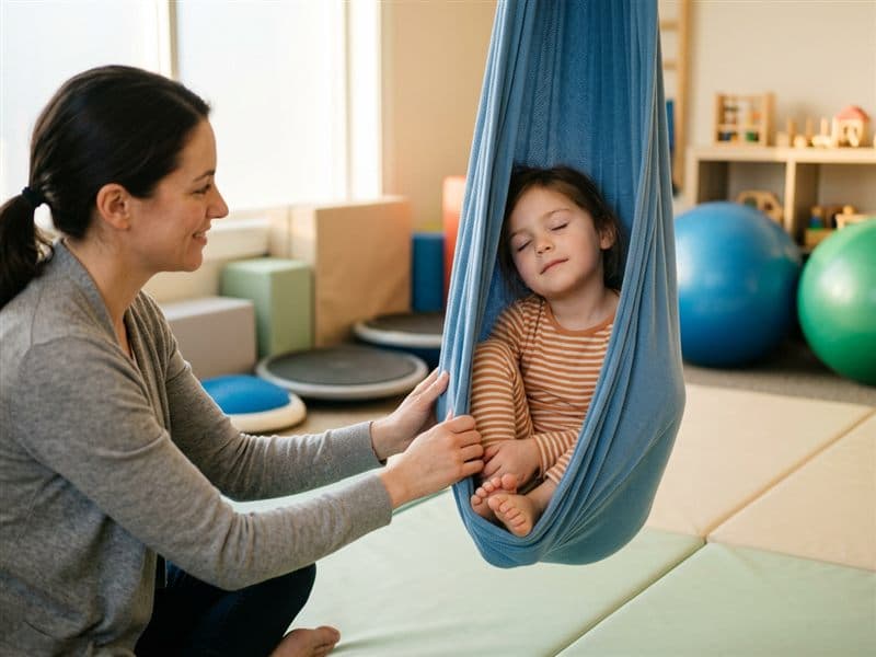 Sesión de terapia de integración sensorial con columpio de tela en Ponteareas